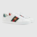 Women Ace Embroidered Sneaker – white leather with red leather detail on the heel of one shoe and green on the other – LUX VERSE Luxury Designer Fashion Outlet