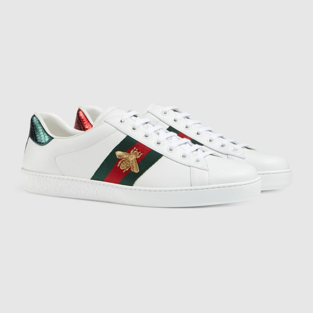 Women Ace Embroidered Sneaker – white leather with red leather detail on the heel of one shoe and green on the other – LUX VERSE Luxury Designer Fashion Outlet