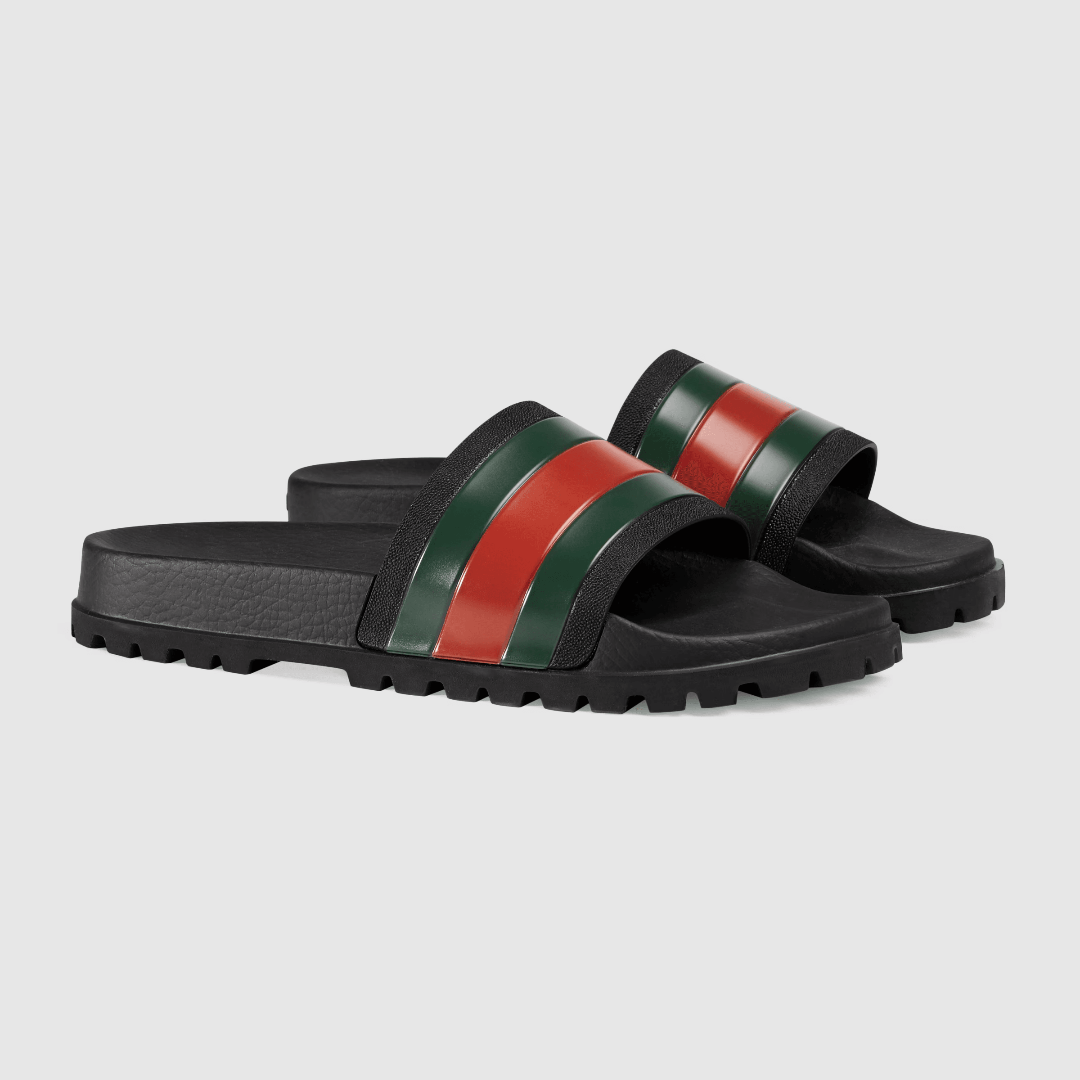 Men's Web Rubber Slide Sandal – black rubber with green and red Web Molded rubber footbed Rubber sole Flat Product – LUX VERSE Luxury Designer Fashion Outlet