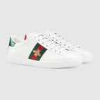 Women's Ace sneaker with bee – white leather Green and red Web Gold thread-embroidered bee Red leather detail on – LUX VERSE Luxury Designer Fashion Outlet