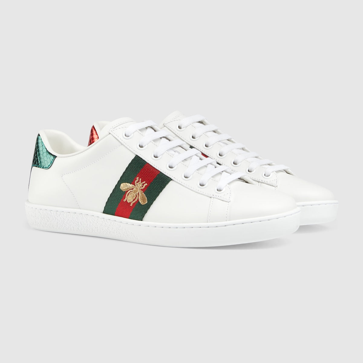 Women's Ace sneaker with bee – white leather Green and red Web Gold thread-embroidered bee Red leather detail on – LUX VERSE Luxury Designer Fashion Outlet
