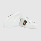 Women's Ace sneaker with bee – white leather Green and red Web Gold thread-embroidered bee Red leather detail on – LUX VERSE Luxury Designer Fashion Outlet
