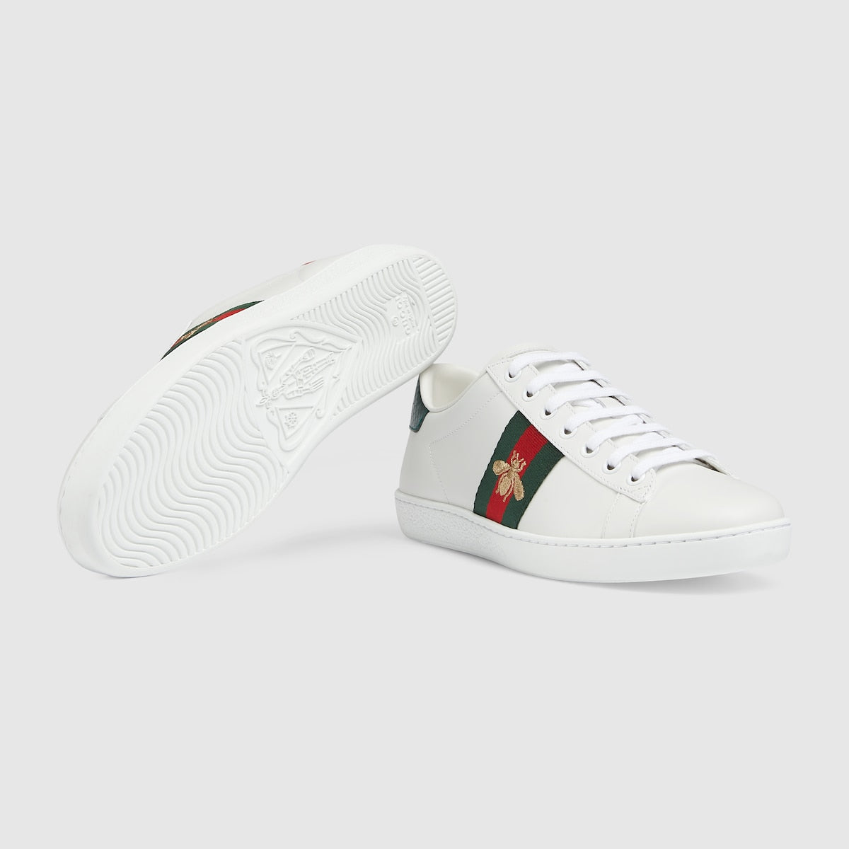 Women's Ace sneaker with bee – white leather Green and red Web Gold thread-embroidered bee Red leather detail on – LUX VERSE Luxury Designer Fashion Outlet
