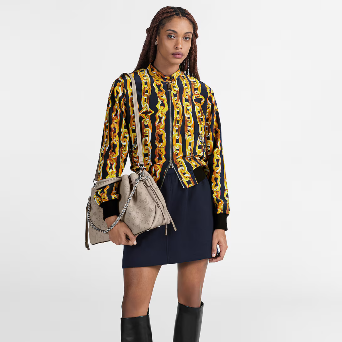 Bella Tote Elegant Galet – the leather is delicately pleated and draped, and adorned with a jewel-like chain – LUX VERSE Luxury Designer Fashion Outlet
