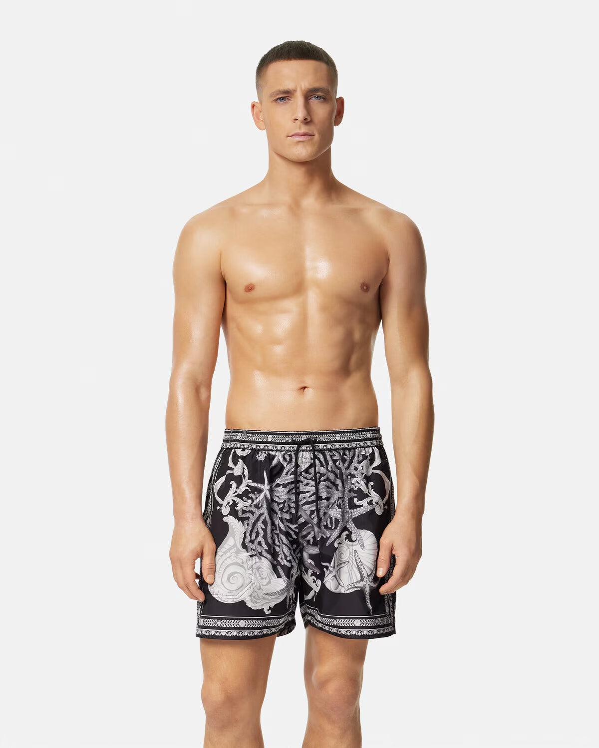 Barocco Reversible Boardshorts – these reversible swim boardshorts with side pockets feature the Barocco Sea print – LUX VERSE Luxury Designer Fashion Outlet