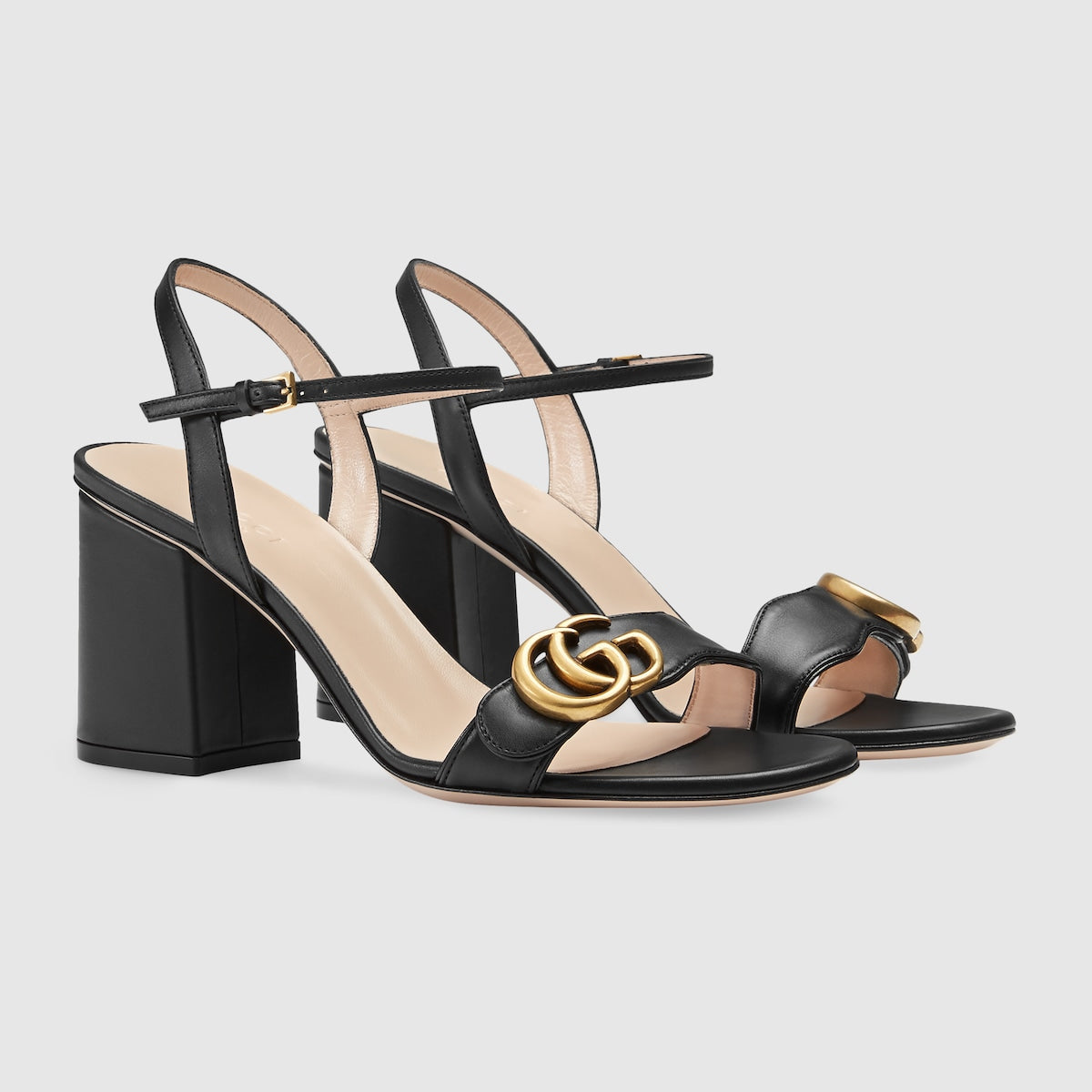 Women's mid-heel Double G sandal – recalling the GG Marmont handbag line, the Double G gold-toned hardware is set on – LUX VERSE Luxury Designer Fashion Outlet