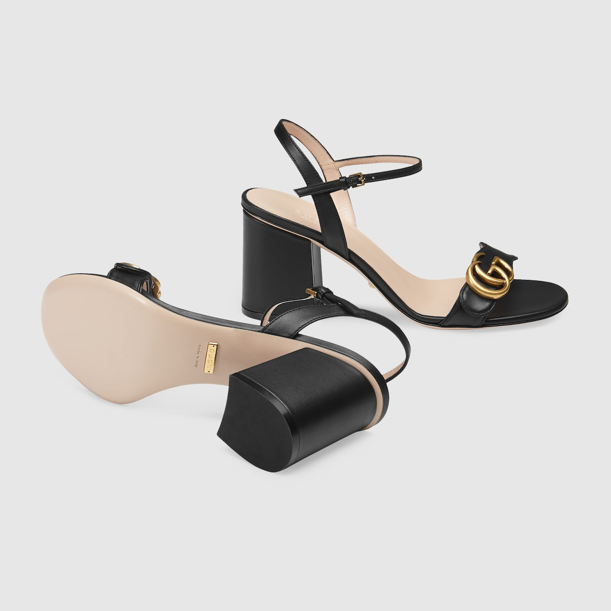 Women's mid-heel Double G sandal – black leather Adjustable ankle strap Double G Mid-heel 3"heel – LUX VERSE Luxury Designer Fashion Outlet