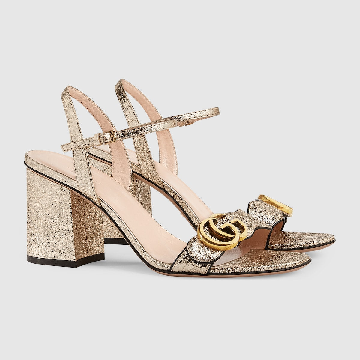 Women's mid-heel sandal with Double G – platinum metallic laminate leather Black piping Adjustable ankle strap Double G – LUX VERSE Luxury Designer Fashion Outlet