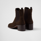 Suede booties – upper with elasticized side gusset and pull tab on the back Leather lining Enameled – LUX VERSE Luxury Designer Fashion Outlet