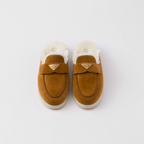 Suede and shearling mules – upper with leather band Enameled metal triangle logo Rubber sole, 25 mm – LUX VERSE Luxury Designer Fashion Outlet