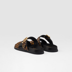 Printed leather Leopard Print slides – the footwear defined by metal buckles is completed by comfortable rubber soles – LUX VERSE Luxury Designer Fashion Outlet