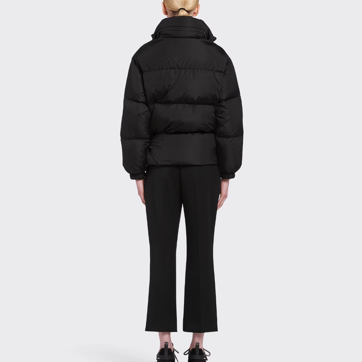 Light Re-Nylon down jacket – this short nylon down jacket with stowaway hood features an original pouch pocket on – LUX VERSE Luxury Designer Fashion Outlet