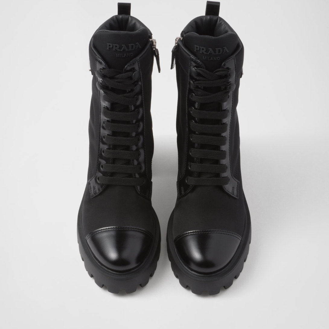Re-Nylon and leather booties – rigorous formality reimagined in an innovative, modernist way inspires this – LUX VERSE Luxury Designer Fashion Outlet