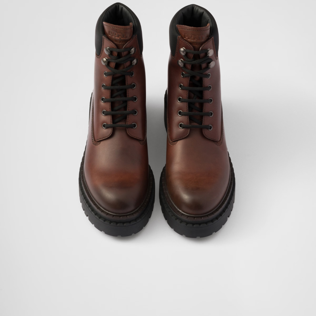 Leather and Re-Nylon booties – leather lining Hot-stamped logo Polyester laces Boot leg: 14 cm Monoblock rubber – LUX VERSE Luxury Designer Fashion Outlet