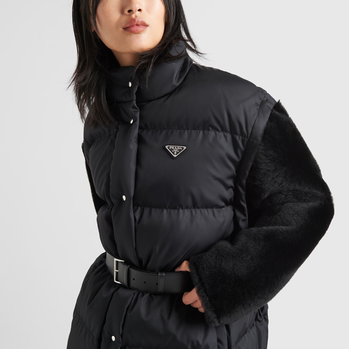 Re-Nylon Down Goose Jacket – the silhouette with enveloping lines is enhanced by the leather belt and removable – LUX VERSE Luxury Designer Fashion Outlet