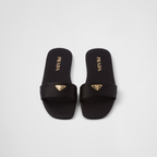 Satin slides – enameled metal triangle logo Monoblock leather sole, 5 mm, with hot-stamped logo – LUX VERSE Luxury Designer Fashion Outlet