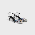 TRIOMPHE SANDAL in Laminated Calfskin & Lambskin – mM) heelALMOND TOE SHAPEMETAL TRIOMPHE ON THE CENTER OF THE STRAPSTHIN – LUX VERSE Luxury Designer Fashion Outlet