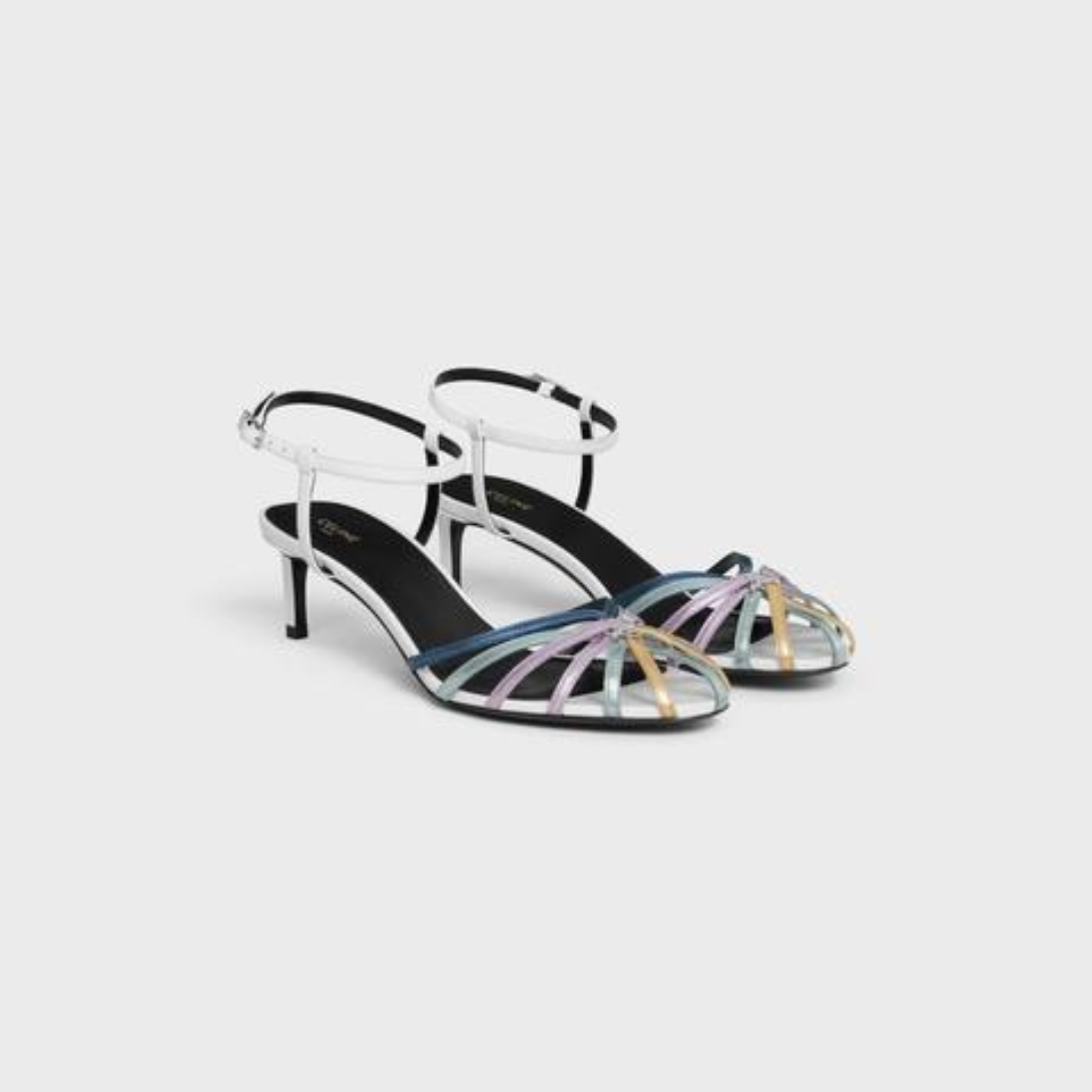 TRIOMPHE SANDAL in Laminated Calfskin & Lambskin – mM) heelALMOND TOE SHAPEMETAL TRIOMPHE ON THE CENTER OF THE STRAPSTHIN – LUX VERSE Luxury Designer Fashion Outlet