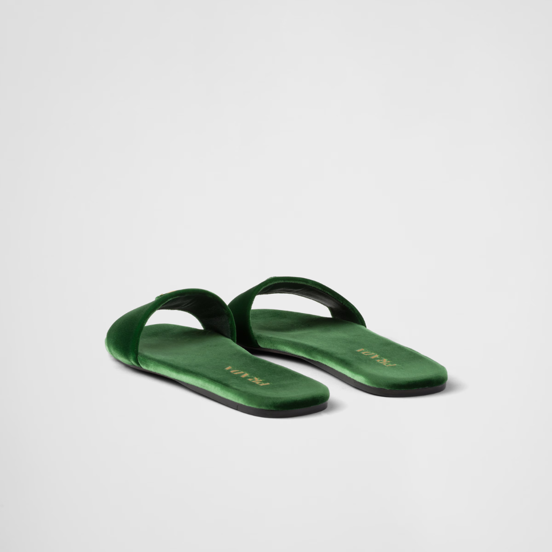 Flat velvet slides – enameled metal triangle logo Monoblock leather sole, 05 mm, with hot-stamped logo – LUX VERSE Luxury Designer Fashion Outlet