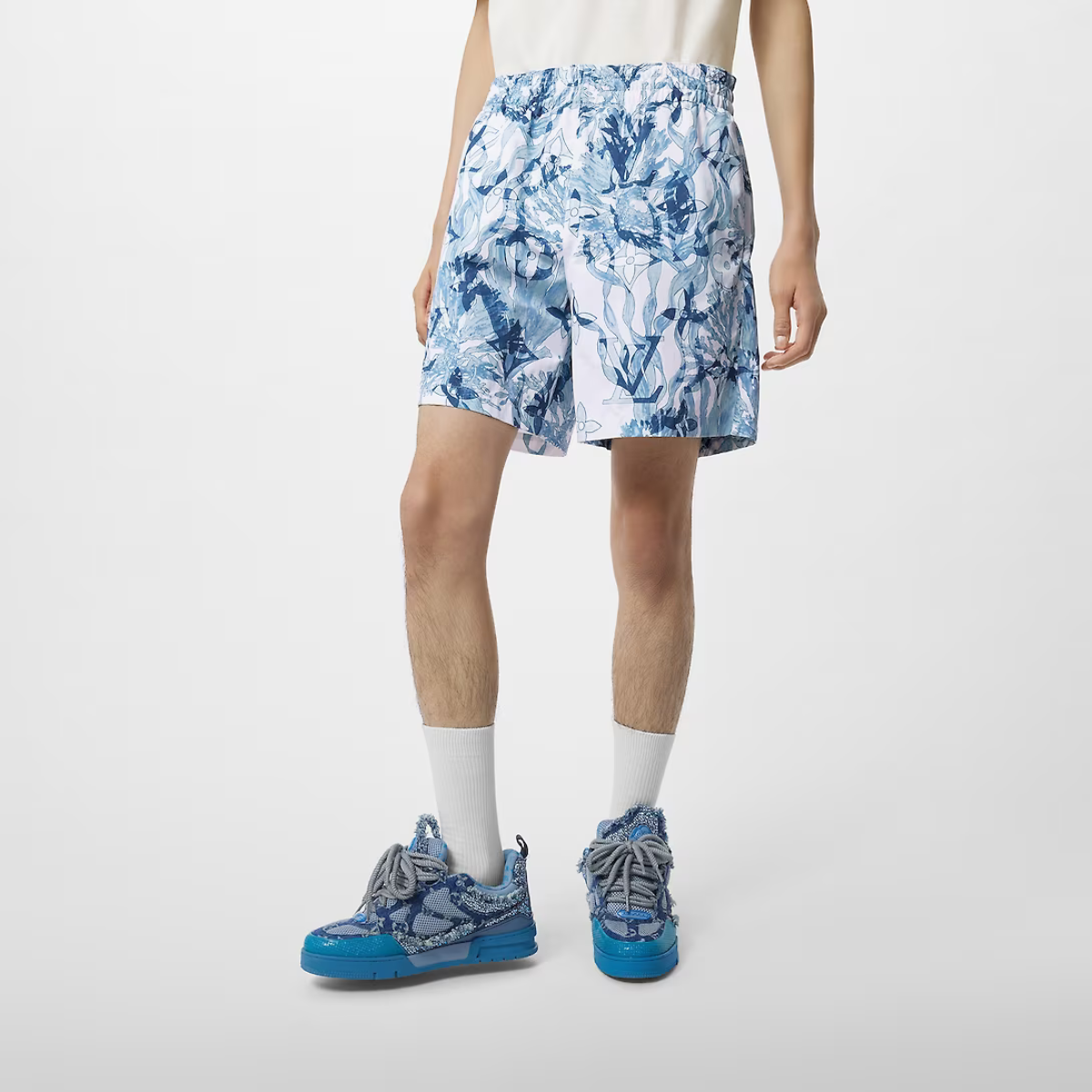 Printed Nylon Swim Shorts Dark Denim – the allover signature printed onto technical nylon blends coral and seaweed fronds – LUX VERSE Luxury Designer Fashion Outlet