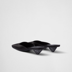 Satin mules – leather sole Varnished heel with logo, height: 35 mm Imported – LUX VERSE Luxury Designer Fashion Outlet