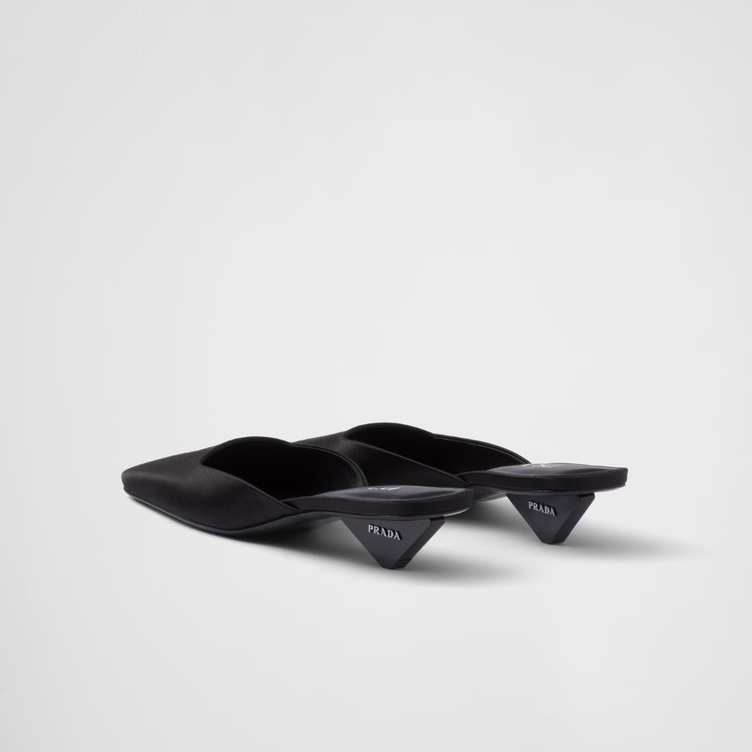 Satin mules – leather sole Varnished heel with logo, height: 35 mm Imported – LUX VERSE Luxury Designer Fashion Outlet