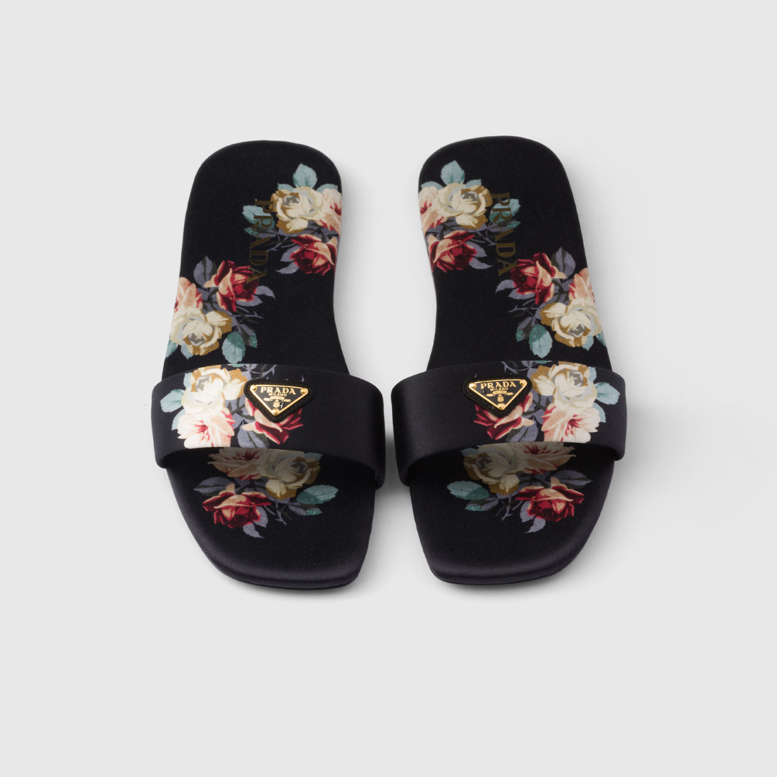 Printed satin slides – these flat sandals feature a sleek design, enriched by the sophisticated finish – LUX VERSE Luxury Designer Fashion Outlet