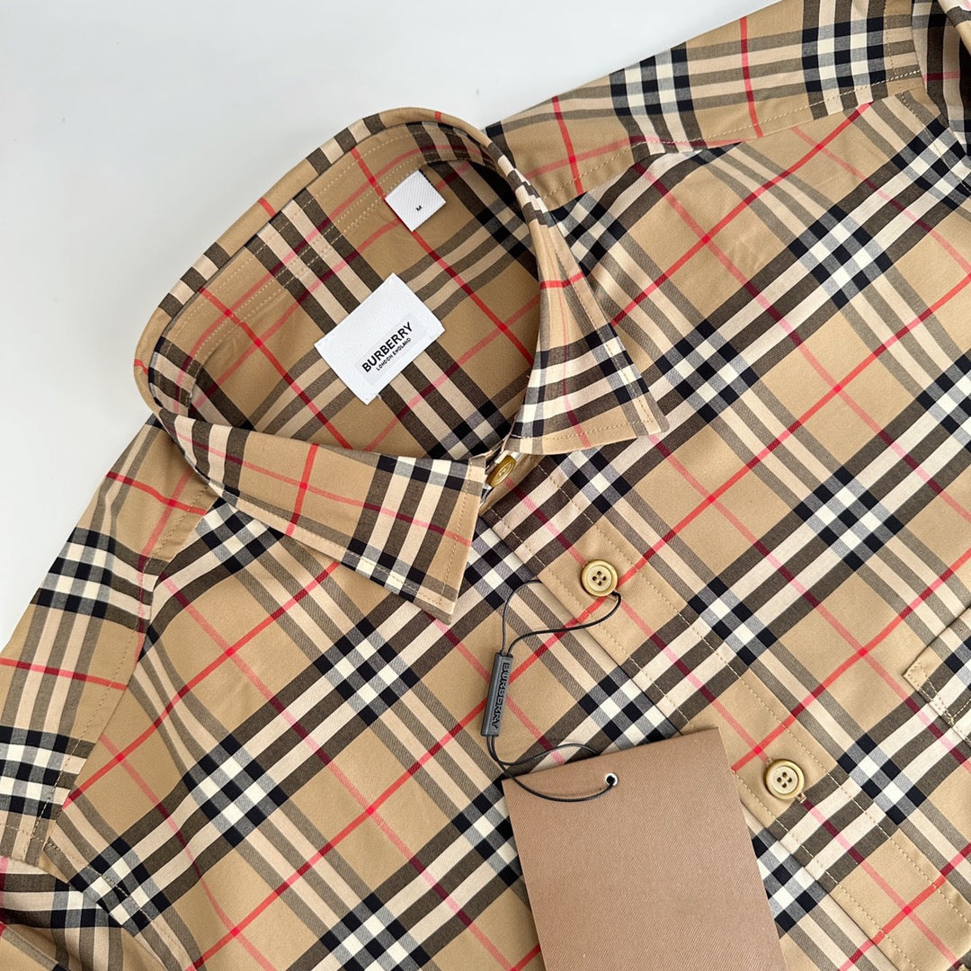 Beige Baumwoll-Langarmshirt mit Vintage Check – Herren