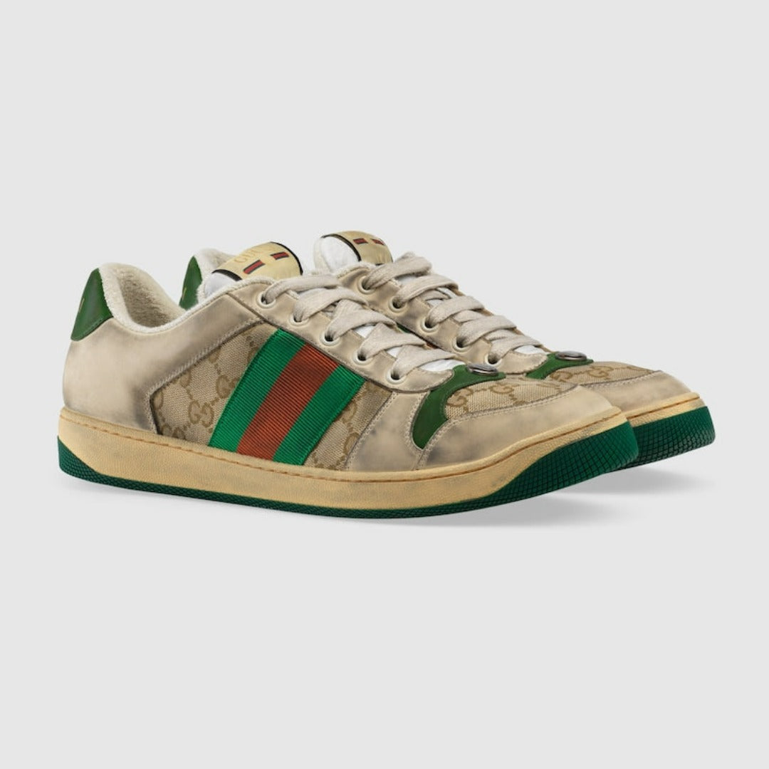 Men's Screener Gg Sneaker – white leather and GG canvas Green and orange Web with vintage effect Green leather – LUX VERSE Luxury Designer Fashion Outlet