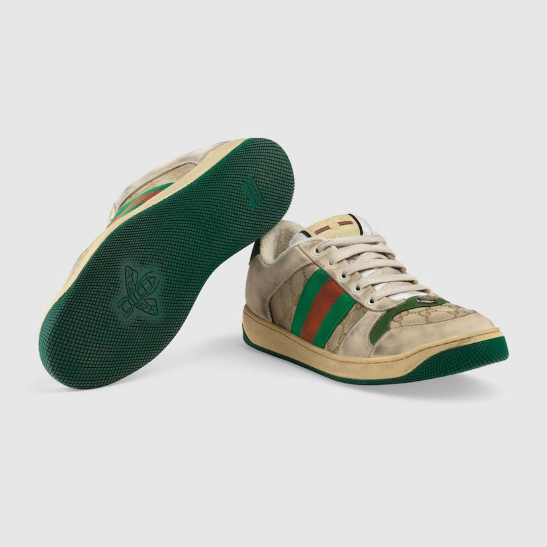 Men's Screener Gg Sneaker – white leather and GG canvas Green and orange Web with vintage effect Green leather – LUX VERSE Luxury Designer Fashion Outlet
