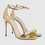 Women's heeled sandal with Double G – metallic platinum leather Women's Ankle strap with metal Double G buckle – LUX VERSE Luxury Designer Fashion Outlet