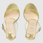 Women's heeled sandal with Double G – metallic platinum leather Women's Ankle strap with metal Double G buckle – LUX VERSE Luxury Designer Fashion Outlet
