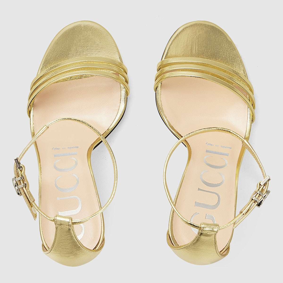 Women's heeled sandal with Double G – metallic platinum leather Women's Ankle strap with metal Double G buckle – LUX VERSE Luxury Designer Fashion Outlet