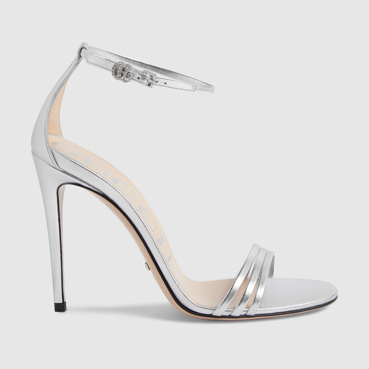 Heeled sandal with Double G – crafted in metallic platinum leather, the high-heel sandal sports a subtle design – LUX VERSE Luxury Designer Fashion Outlet
