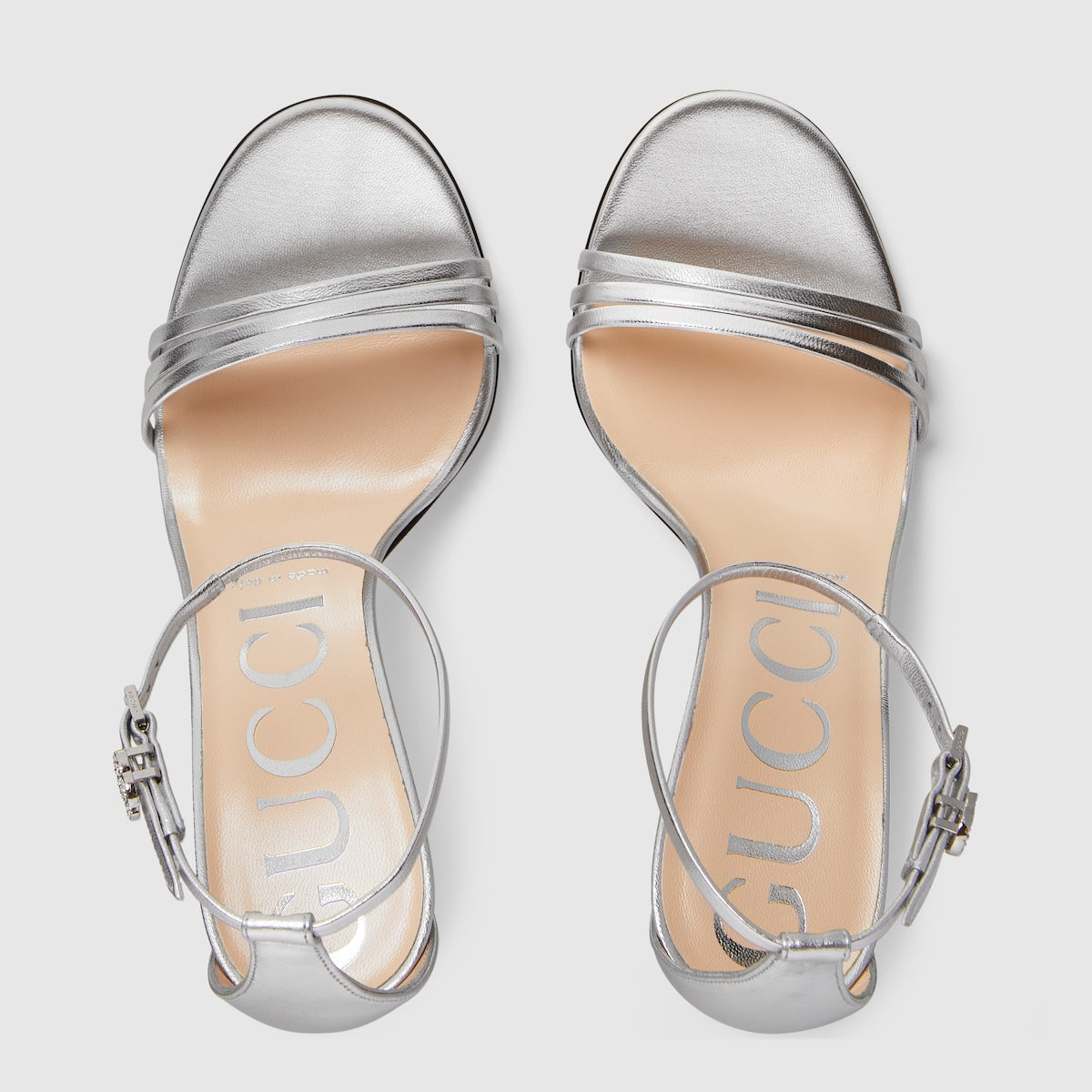 Heeled sandal with Double G – metallic platinum leather Women's Ankle strap with metal Double G buckle – LUX VERSE Luxury Designer Fashion Outlet