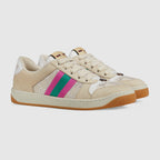 Women's Screener sneaker with Web – cream scrap less leather with white and silver light GG lamé Women's Pink and green – LUX VERSE Luxury Designer Fashion Outlet