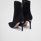 High-heeled suede booties – the iconic metal lettering logo embellishes the leather sole – LUX VERSE Luxury Designer Fashion Outlet