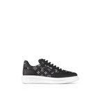Beverly Hills Denim Sneaker – the script signature is embossed in silver on the leather trim around – LUX VERSE Luxury Designer Fashion Outlet