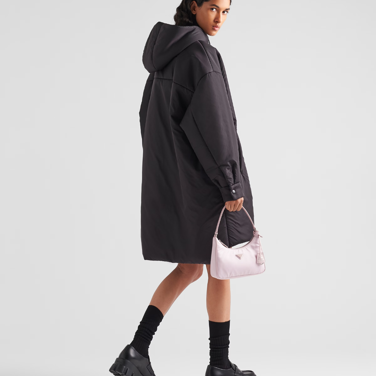 Oversized light Black Re-Nylon raincoat – made with lightweight Re-Nylon material, this coat offers superior protection – LUX VERSE Luxury Designer Fashion Outlet