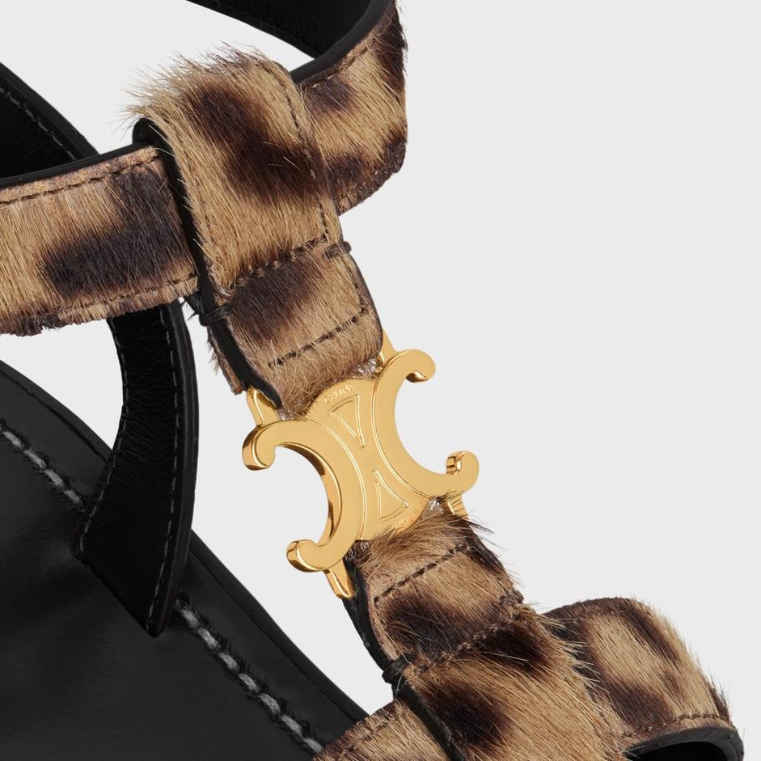 CLEA TRIOMPHE GLADIATOR SANDAL in LEOPARD PRINTED HAIRY CALFSKIN – heelTRIOMPHE METAL PIECEEMBOSSED ON THE EXTERNAL SIDE OF THE OUTSOLEDEBOSSED – LUX VERSE Luxury Designer Fashion Outlet
