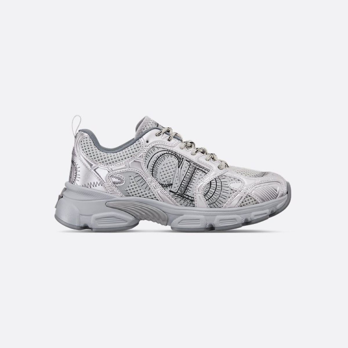 Chrono Sneaker Silver-Tone – pairing gray mesh with silver-tone laminated leather-effect panels, it is accented – LUX VERSE Luxury Designer Fashion Outlet