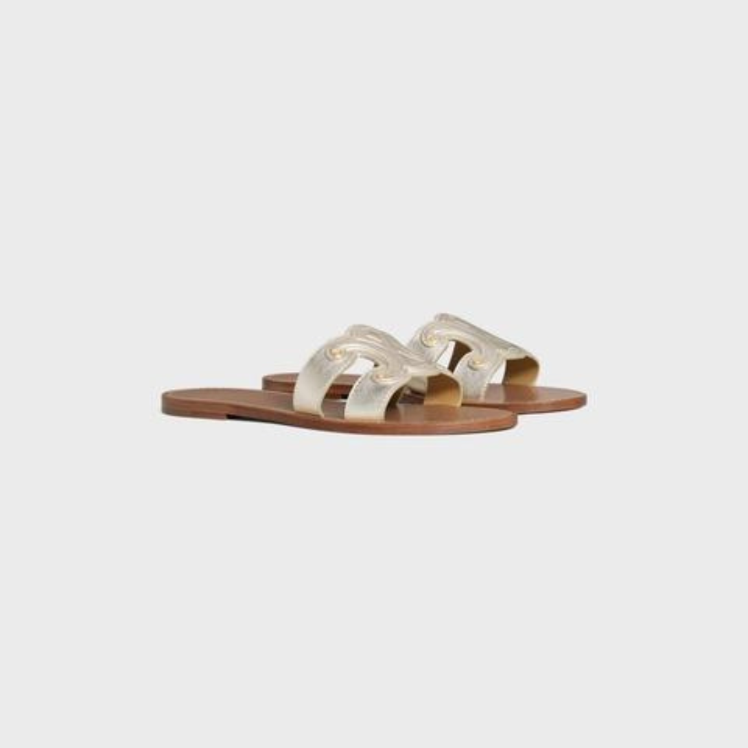 TRIOMPHE MULE in Metalized Calfskin – wITH RUBBER HEEL TOP LIFTROUND TOE SHAPETRIOMPHE LEATHER PATCHLEATHER – LUX VERSE Luxury Designer Fashion Outlet