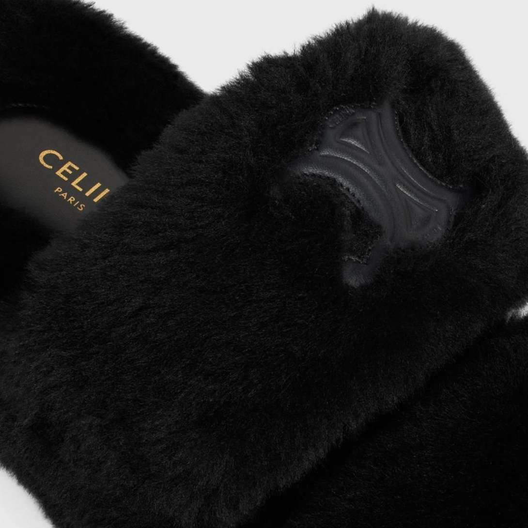 FUR SLIDES TRIOMPHE in SHEARLING – aND JACQUARD CRISS-CROSSED STRAPSEMBOSSED ON THE SIDE AND UNDER THE OUTSOLESLIP-ONTEXTILE – LUX VERSE Luxury Designer Fashion Outlet