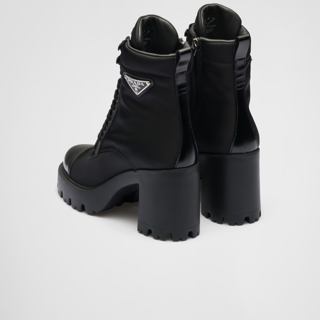 Re-Nylon and leather booties – the upper made of innovative Re-Nylon, which is obtained from recycled plastic – LUX VERSE Luxury Designer Fashion Outlet