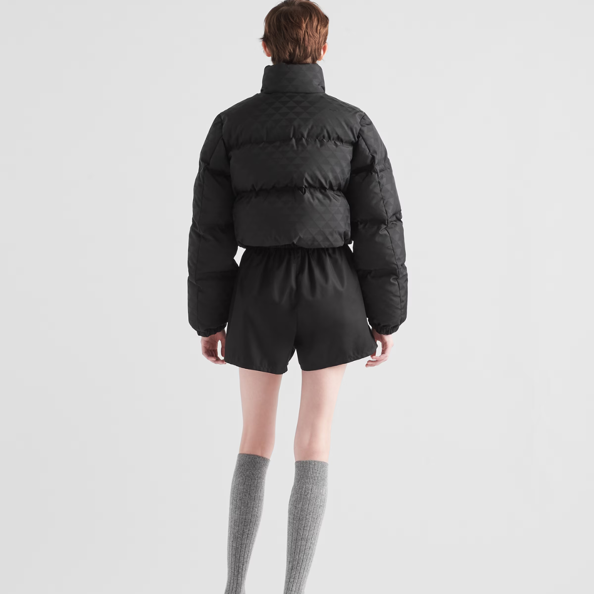 Printed nylon down jacket – here, the geometric design is transformed into a sophisticated yet modernist pattern – LUX VERSE Luxury Designer Fashion Outlet
