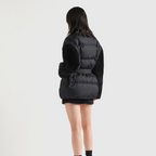 Re-Nylon Down Goose Jacket – the silhouette with enveloping lines is enhanced by the leather belt and removable – LUX VERSE Luxury Designer Fashion Outlet