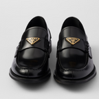 Brushed leather loafers – enameled metal triangle logo Monoblock rubber sole, 05 mm, with hot-stamped logo – LUX VERSE Luxury Designer Fashion Outlet