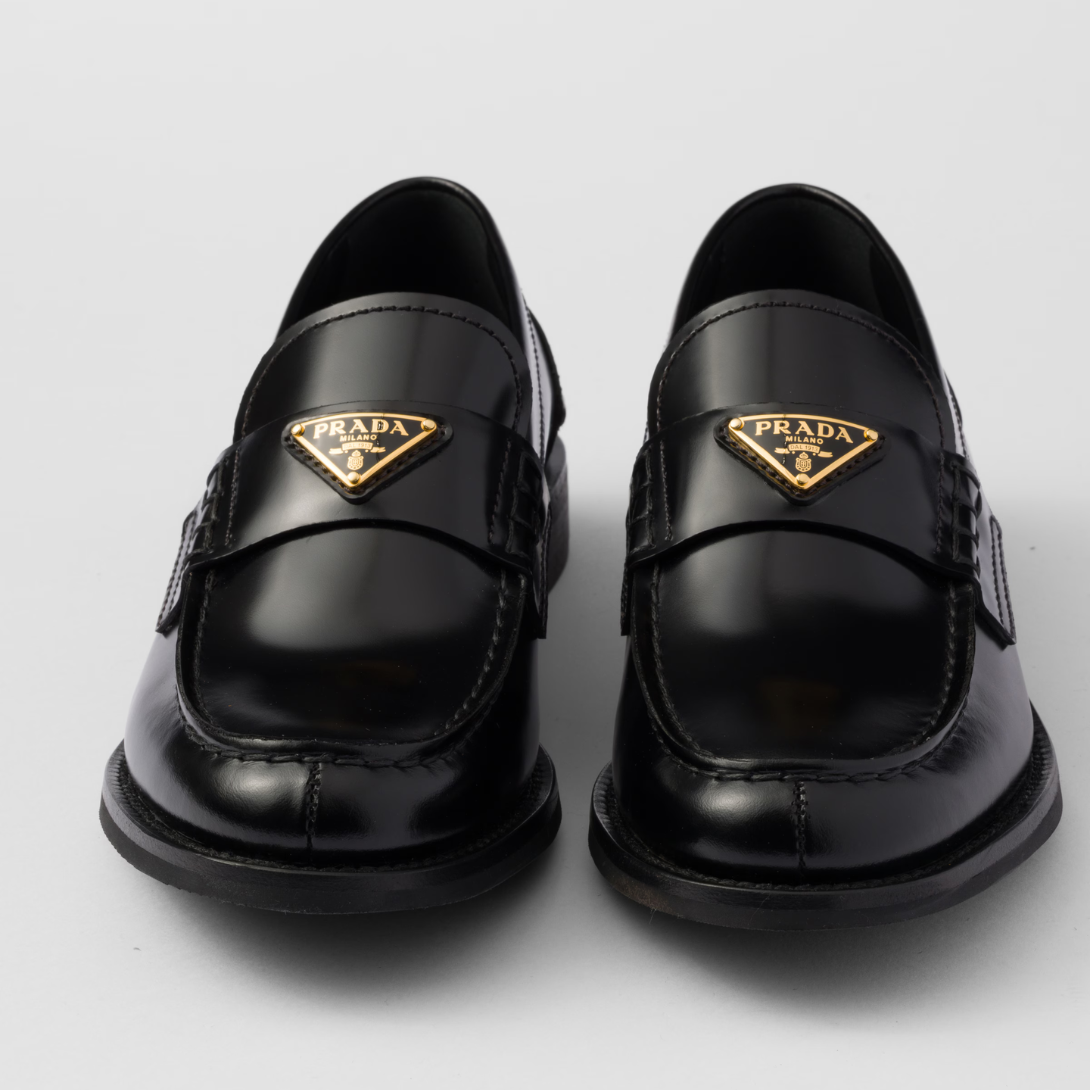 Brushed leather loafers – enameled metal triangle logo Monoblock rubber sole, 05 mm, with hot-stamped logo – LUX VERSE Luxury Designer Fashion Outlet