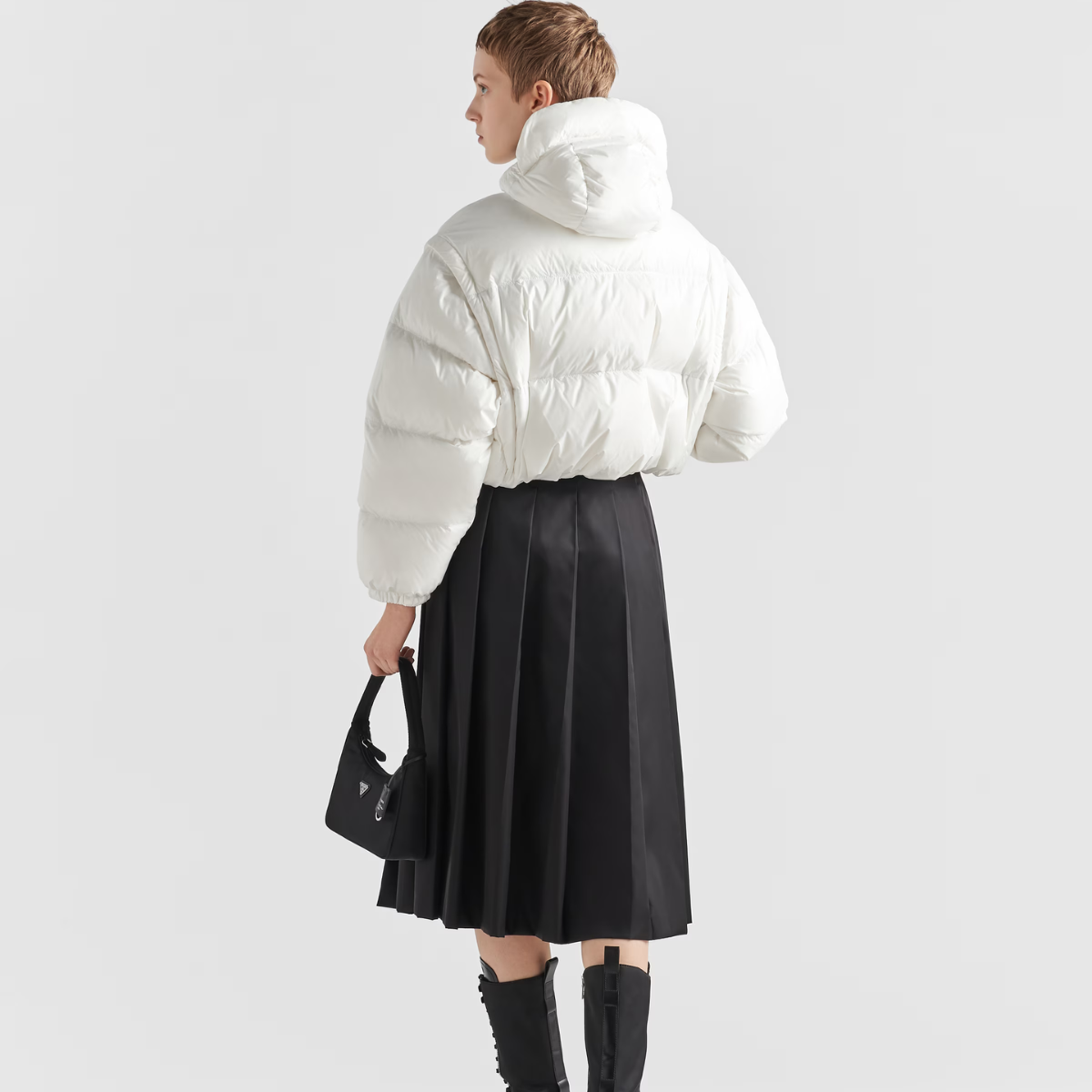 Re-Nylon convertible cropped down jacket – crafted from recycled nylon, this hooded down jacket not only keeps you warm but – LUX VERSE Luxury Designer Fashion Outlet
