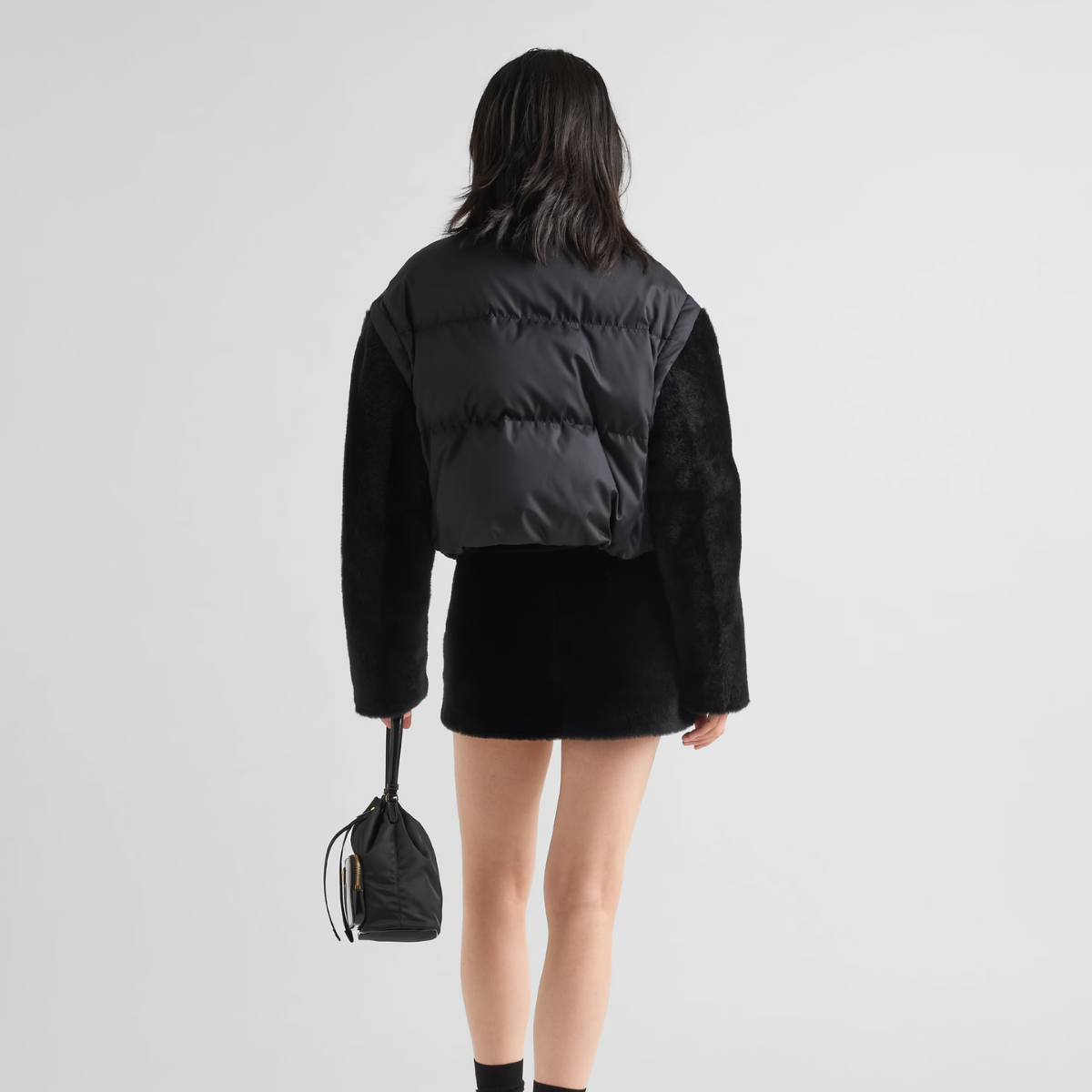 Re-Nylon Down Cropped Jacket – the cropped silhouette with enveloping lines is defined by removable shearling – LUX VERSE Luxury Designer Fashion Outlet